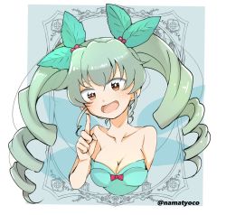 Rule 34 | 1girl, alternate hair ornament, anchovy (girls und panzer), blush, bow, breasts, cleavage, commentary, cropped torso, dress, drill hair, girls und panzer, green dress, green hair, hair ornament, head tilt, holly hair ornament, long hair, looking at viewer, medium breasts, namatyoco, one-hour drawing challenge, open mouth, outside border, pointing, pointing up, red eyes, smile, solo, strapless, strapless dress, twin drills, twintails, twitter username, upper body