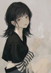 Rule 34 | 1girl, 7ife, absurdres, bad id, bad pixiv id, black hair, black shirt, black shorts, brown eyes, chromatic aberration, cigarette, commentary, crop top, english commentary, from side, highres, holding, holding cigarette, long hair, long sleeves, looking at viewer, looking to the side, original, parted lips, red lips, shirt, shorts, sitting, smoke, smoking, solo, striped clothes, striped shirt, upper body