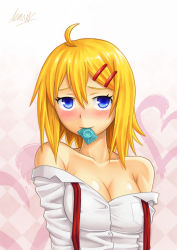 Rule 34 | 1girl, absurdres, bad id, bad pixiv id, blonde hair, breasts, cleavage, collarbone, condom, condom in mouth, covered erect nipples, female focus, highres, mouth hold, off shoulder, original, solo, tri-edge, valentine
