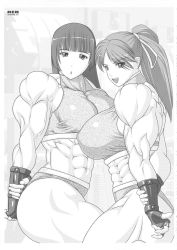 Rule 34 | 2girls, abs, blunt bangs, border, breasts, extreme muscles, female focus, fingerless gloves, gloves, high ponytail, highres, huge breasts, long hair, looking at viewer, monochrome, multiple girls, muscular, ponytail, ren (tainca2000), smile, tagme, veins, white border