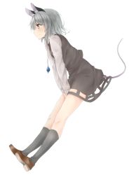 Rule 34 | 1girl, animal ears, bent over, blush, full body, grey hair, grey socks, highres, jewelry, kneehighs, long sleeves, mouse ears, mouse tail, nazrin, necklace, netamaru, profile, red eyes, shirt, shoes, short hair, simple background, skirt, skirt set, smile, socks, solo, tail, touhou, vest, white background