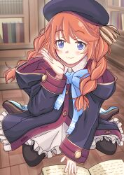 1girl absurdres beret black_pantyhose blue_bow book bookshelf bow braid brown_shoes closed_mouth frills hair_over_shoulder hat highres hood hooded_coat indoors light_smile long_hair looking_at_viewer natsu_(pixiv91352603) on_ground open_book orange_hair pantyhose princess_connect! purple_eyes school_uniform shoes sitting solo st._theresa&#039;s_girls_academy_school_uniform twin_braids wariza yuni_(princess_connect!)