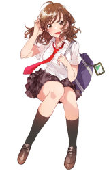 Rule 34 | 1girl, ahoge, bag, black legwear, brown eyes, brown footwear, brown hair, brown skirt, character request, checkered clothes, checkered skirt, commentary request, cover, cover page, fly (marguerite), jaku-chara tomozaki-kun, jewelry, looking at viewer, medium hair, miniskirt, necklace, necktie, official art, pleated skirt, red necktie, school bag, shirt, short sleeves, skirt, solo, white background, white shirt