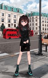 Rule 34 | 1girl, absurdres, bag, black footwear, black shirt, black skirt, blue eyes, blush, brown hair, bus, car, city, closed mouth, cloud, commentary request, day, elisia valfelto, full body, highres, holding, holding bag, jewelry, long hair, long sleeves, looking at viewer, luicent, motor vehicle, necklace, original, outdoors, shirt, shoes, skirt, solo, standing