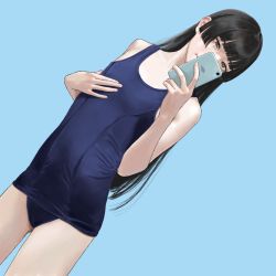 Rule 34 | 1girl, bad id, bad pixiv id, black eyes, black hair, blue background, blue one-piece swimsuit, blunt bangs, breasts, cellphone, dutch angle, flat chest, highres, hime cut, hiramedousa, light smile, one-piece swimsuit, original, phone, school swimsuit, simple background, smartphone, solo, swimsuit