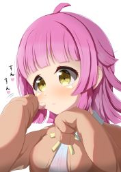 Rule 34 | 1girl, aqua jacket, artist name, artist request, blunt bangs, blush, bow, bowtie, breasts, brown eyes, brown jacket, check translation, close-up, commentary request, female focus, heart, highres, jacket, long sleeves, looking at viewer, love live!, love live! nijigasaki high school idol club, okuraba (okuraburst0804), okuraburst0804, parted lips, pink hair, ribbon, short hair, sleeves past fingers, sleeves past wrists, small breasts, smile, solo, tennoji rina, translated, translation request, upper body, white background, yellow bow, yellow eyes, yellow ribbon