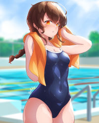 Rule 34 | 1girl, alternate costume, arthur ko, blue sky, blue one-piece swimsuit, braid, breasts, brown hair, competition school swimsuit, covered navel, cowboy shot, day, highres, kantai collection, long hair, one-piece swimsuit, orange eyes, orange towel, outdoors, pool, poolside, school swimsuit, single braid, sky, small breasts, solo, souya (kancolle), standing, swimsuit