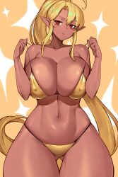 Rule 34 | 1girl, ahoge, bikini, blonde hair, breasts, closed mouth, collarbone, covered erect nipples, curvy, dark-skinned female, dark elf, dark skin, elf, gluteal fold, gold bikini, gurimjang, highres, huge breasts, long hair, looking at viewer, navel, original, pointy ears, ponytail, red eyes, smile, solo, stomach, swimsuit, thick thighs, thigh gap, thighs, very long hair, yellow background