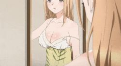 Rule 34 | 1girl, animated, animated gif, blonde hair, blush, breasts, brown eyes, cleavage, collarbone, covering face, ear piercing, earrings, jewelry, kitagawa marin, large breasts, long hair, mirror, nightgown, no bra, off shoulder, open mouth, opening door, piercing, reflection, sleepwear, sono bisque doll wa koi wo suru, yellow nightgown