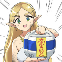 Rule 34 | 1girl, blonde hair, breasts, commentary request, dirty, dirty face, dress, emphasis lines, green eyes, holding, jewelry, long hair, medium breasts, monbetsu kuniharu, necklace, nintendo, open mouth, pointy ears, princess zelda, rice cooker, smile, solo, strapless, strapless dress, the legend of zelda, the legend of zelda: breath of the wild, translation request, upper body, white dress