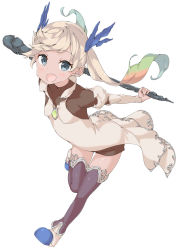 Rule 34 | 10s, 1girl, arms behind back, ass, blonde hair, blue eyes, blush, breasts, collarbone, dark-skinned female, dark skin, dress, ebifurya, eyebrows, full body, gradient hair, granblue fantasy, hair ornament, highres, holding, holding staff, io (granblue fantasy), leaning forward, long hair, long sleeves, looking at viewer, magical girl, multicolored hair, open mouth, outstretched arms, shoes, simple background, small breasts, smile, solo, staff, thighhighs, twintails, white background