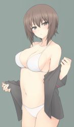 Rule 34 | 1girl, bad id, bad pixiv id, bare shoulders, bikini, black shirt, breasts, brown eyes, brown hair, cleavage, collarbone, cowboy shot, girls und panzer, grey background, hair between eyes, halterneck, head tilt, highres, long sleeves, looking at viewer, medium breasts, mobu, navel, nishizumi maho, off shoulder, open clothes, open shirt, parted lips, shirt, short hair, side-tie bikini bottom, simple background, solo, standing, stomach, swimsuit, white bikini