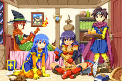 Rule 34 | 1boy, 3girls, bed, blue hair, character request, chunsoft, club (weapon), dragon quest, dragon quest iii, enix, fire, hat, long hair, mage (dq3), multiple girls, priest (dq3), purple hair, red eyes, roto (dq3), ruu (tksymkw), short hair, sitting, smile, soldier (dq3), sword, weapon, witch hat