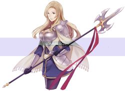 Rule 34 | 1girl, armor, black pantyhose, blonde hair, breastplate, breasts, cape, cleavage, cowboy shot, fire emblem, fire emblem echoes: shadows of valentia, fire emblem gaiden, holding, holding weapon, jewelry, looking at viewer, mathilda (fire emblem), necklace, nintendo, pantyhose, pauldrons, polearm, shoulder armor, simple background, solo, standing, thighhighs, weapon, white background