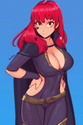 Rule 34 | 1girl, absurdres, belt, black bodysuit, blue background, bodysuit, breasts, cape, chest strap, cleavage, clothing cutout, collarbone, covered navel, fire emblem, fire emblem engage, groin, hands on own hips, highres, hip vent, large breasts, long hair, looking at viewer, nintendo, raichiyo33, red eyes, red hair, side cutout, skin tight, solo, strap, thigh strap, upper body, yunaka (fire emblem)