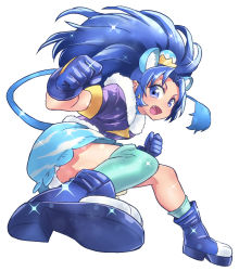Rule 34 | 10s, 1girl, :d, animal ears, bad id, bad pixiv id, blue eyes, blue footwear, blue gloves, blue hair, blue neckwear, blue shirt, blue skirt, blue thighhighs, boots, choker, clenched hand, crown, cure gelato, extra ears, full body, gloves, highres, hori (hori no su), kirakira precure a la mode, lion ears, lion tail, long hair, looking at viewer, magical girl, mini crown, open mouth, precure, shirt, simple background, single thighhigh, skirt, smile, solo, tail, tategami aoi, thighhighs, white background