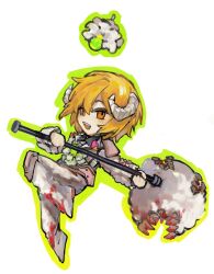 Rule 34 | 1girl, blonde hair, blood, blood on clothes, don quixote (project moon), e.g.o (project moon), fur jacket, fur pants, highres, holding, holding weapon, horns, jacket, limbus company, lobotomy corporation, looking at viewer, meat lantern (project moon), open mouth, project moon, roier, sharp teeth, short hair, simple background, smile, solo, teeth, weapon, white background, yellow eyes