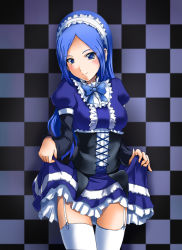 Rule 34 | 00s, 1girl, alternate costume, aono miki, blue eyes, blue hair, c-wing, checkered background, clothes lift, corset, dress, enmaided, fresh precure!, garter straps, long hair, maid, maid headdress, precure, ribbon, skirt, skirt lift, smile, thighhighs