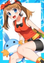 Rule 34 | 1girl, absurdres, bad id, bad pixiv id, belt, bike shorts, bike shorts under shorts, blush, bow hairband, brown hair, collarbone, creatures (company), dutch angle, fanny pack, game freak, gen 3 pokemon, hairband, happy, highres, looking at viewer, may (pokemon), mudkip, nintendo, open mouth, pokemon, pokemon (creature), pokemon oras, shorts, sitting, smile, tank top, yuihico