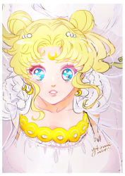 Rule 34 | 1girl, bad id, bad pixiv id, bare shoulders, bishoujo senshi sailor moon, blonde hair, border, crescent, crescent facial mark, double bun, dress, earrings, eye focus, eye reflection, facial mark, forehead mark, foreshortening, from above, hair bun, hair ornament, jewelry, long hair, open mouth, parted lips, perspective, princess serenity, reflection, sky, solo, strapless, strapless dress, tsukino usagi, twintails, white dress, yukinami (paru26i)