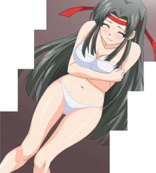 Rule 34 | 1girl, absurdres, bandages, bandages around chest, bare shoulders, blush, breasts, cleavage, closed eyes, covering privates, covering breasts, embarrassed, grey hair, headband, highres, large breasts, long hair, navel, paizuri cheerleader vs sakunyuu ouendan, panties, red headband, sarashi, solo, stitched, sweat, t-rex (animation studio), takayanagi yuuko, third-party edit, underwear, white panties