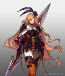 Rule 34 | 1girl, armor, black gloves, black hat, boots, breasts, capelet, chain, gauntlets, gloves, gradient background, grey background, hat, hat feather, holding, holding chain, holding weapon, long hair, looking at viewer, medium breasts, mini hat, official art, orange hair, orange thighhighs, pants, smile, standing, thigh boots, thighhighs, very long hair, vixi c, watermark, weapon, web address, white capelet, white pants