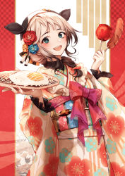 Rule 34 | 1girl, :d, abstract background, animal ears, blue eyes, blue flower, blush, bow, braid, brown hair, candy apple, cow ears, cowboy shot, egg (food), fake animal ears, floral print, flower, food, fried egg, furisode, hair flower, hair ornament, hair over shoulder, highres, holding, holding food, japanese clothes, kimono, long hair, long sleeves, looking at viewer, nail polish, obi, okeno kamoku, open mouth, orange kimono, original, pink bow, print kimono, red flower, sash, sausage, single braid, smile, solo, wide sleeves, yellow flower