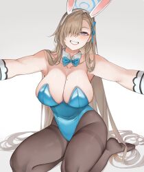Rule 34 | 1girl, animal ears, armpits, asuna (blue archive), asuna (bunny) (blue archive), asymmetrical bangs, bare shoulders, black pantyhose, blue archive, blue bow, blue bowtie, blue eyes, blue leotard, blue ribbon, bow, bowtie, breasts, cleavage, collarbone, commentary request, detached collar, fake animal ears, feet, gloves, gradient background, grin, hair over one eye, hair ribbon, highleg, highleg leotard, highres, large breasts, legs, leotard, light blush, light brown hair, looking at viewer, mole, mole on breast, no shoes, one eye covered, outstretched arms, pantyhose, playboy bunny, rabbit ears, ribbon, sidelocks, sitting, smile, soles, solo, thighs, toes, white gloves, xian no yu, yokozuwari