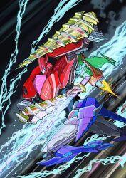 Rule 34 | armor, blue armor, drill, drill hand, electricity, energy sword, energy weapon, getter go, getter robo, getter robo go, getter sho, green armor, high heels, highres, holding, holding sword, holding weapon, jetpack, lightning, mecha, multicolored armor, no humans, red armor, robot, science fiction, super robot, sword, thrusters, weapon, yamanushi