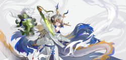 Rule 34 | 1girl, absurdres, arknights, bare shoulders, belt, blonde hair, blue eyes, blue hair, chinese commentary, closed mouth, commentary request, dragon, dragon girl, dragon horns, dragon tail, earrings, eastern dragon, grey hair, hair intakes, highres, holding, holding sword, holding weapon, horns, jacket, jewelry, long hair, long sleeves, looking down, magic, multicolored hair, off shoulder, outstretched arm, pants, pointy ears, shu (arknights), solo, strapless, sue yanagi-san, sword, tail, tube top, very long hair, weapon, white background, white belt, white jacket, white pants, white tube top