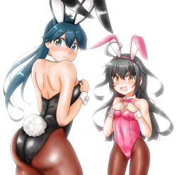 Rule 34 | 2girls, alternate costume, animal ears, ass, black hair, black leotard, blue hair, bow, bowtie, breasts, brown legwear, commentary request, cowboy shot, detached collar, embarrassed, fake animal ears, green eyes, highres, houshou (kancolle), kantai collection, leotard, long hair, looking at viewer, mikazuki (kancolle), multiple girls, open mouth, pantyhose, pink leotard, pink neckwear, playboy bunny, ponytail, rabbit ears, rabbit tail, simple background, small breasts, standing, strapless, strapless leotard, tail, ura tomomi, white background, wrist cuffs, yellow eyes