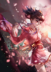 Rule 34 | 10s, 1girl, absurdres, artist name, backlighting, blurry, blurry background, brown hair, chuimeng xinhan, collarbone, eyelashes, floral print, hair ribbon, highres, holding, japanese clothes, kimono, koutetsujou no kabaneri, light particles, long sleeves, mumei (kabaneri), orange ribbon, pink lips, red eyes, ribbon, sash, serious, short hair, short twintails, signature, solo, thighs, tsurime, twintails, wide sleeves