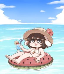Rule 34 | 1girl, :3, :d, afloat, animal ears, barefoot, bikini, blue sky, brown hair, carrot necklace, cloud, crazy straw, cup, day, drinking glass, drinking straw, facing viewer, flat chest, flower, hat, hat flower, inaba tewi, innertube, jewelry, lying, necklace, ocean, on back, open mouth, pink flower, poronegi, rabbit ears, short hair, sky, smile, solo, straw hat, sunglasses, swim ring, swimsuit, touhou, white bikini