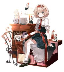 Rule 34 | 1girl, alice margatroid, arm ribbon, bad id, bad twitter id, blonde hair, blue dress, blue eyes, bookshelf, capelet, chair, cierra (ra-bit), cup, doll, dress, expressionless, flower, full body, hair ribbon, hairband, hourai doll, jpeg artifacts, lamp, long hair, looking at viewer, mary janes, necktie, puffy sleeves, puppet strings, ribbon, sash, shanghai doll, shoes, short hair, short sleeves, simple background, sitting, socks, solo, touhou, white background, white socks, wrist cuffs