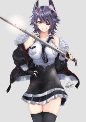 Rule 34 | 1girl, bare shoulders, black gloves, breasts, checkered clothes, checkered necktie, checkered neckwear, collared shirt, commentary request, dated, eyepatch, fur collar, gloves, grey background, grin, headgear, highres, holding, holding sword, holding weapon, kantai collection, large breasts, nakura haru, necktie, parka, partially fingerless gloves, purple hair, school uniform, shirt, short hair, signature, smile, solo, sword, tenryuu (kancolle), tenryuu kai ni (kancolle), thighhighs, weapon, yellow eyes