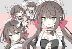 Rule 34 | !?, 1girl, apron, azukimame, azur lane, blush, brown hair, chibi, glasgow (azur lane), gloves, green eyes, hair ribbon, juliet sleeves, long hair, long sleeves, looking at viewer, low twintails, maid, maid headdress, parted lips, puffy sleeves, red ribbon, ribbon, short sleeves, simple background, sketch, solo, sweatdrop, translation request, twintails, twitter username, white apron, white gloves