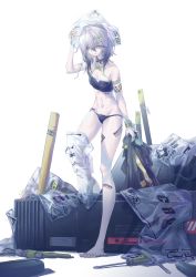 Rule 34 | 1girl, absurdres, ahoge, bag, bag on head, barcode, barcode tattoo, bare shoulders, barefoot, black panties, box, commentary request, croque (neural cloud), fagun yibei, girls&#039; frontline, girls&#039; frontline neural cloud, gradient hair, green eyes, grey hair, hair between eyes, hair ornament, hairclip, highres, holding, holding clothes, holding jacket, jacket, medium hair, multicolored hair, navel, open mouth, panties, plastic bag, screwdriver, solo, tattoo, tools, underwear, white background, wrench