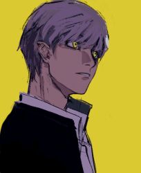 1boy adam&#039;s_apple black_jacket collared_shirt commentary constricted_pupils eilaeila33 grey_hair hashtag-only_commentary highres jacket looking_ahead male_focus narukami_yuu open_clothes open_jacket parted_lips persona persona_4 shadow_yu shirt short_hair simple_background solo swept_bangs teeth upper_body white_shirt wing_collar yellow_background yellow_eyes