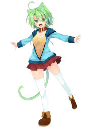 Rule 34 | 1girl, :d, absurdres, ahoge, animal ears, breasts, cat ears, cat tail, cleavage, collar, dodome-iro mayonnaise, green eyes, green hair, highres, hood, hoodie, matching hair/eyes, open clothes, open hoodie, open mouth, original, outstretched arms, sharon (dodomayo), short hair, simple background, skirt, smile, solo, tail, thighhighs, white background, white thighhighs, zipper