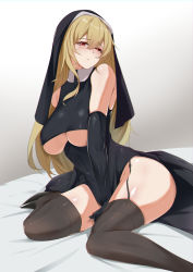 Rule 34 | 1girl, bare shoulders, black dress, black gloves, black thighhighs, blonde hair, blush, breasts, clothing cutout, commentary request, covered navel, dress, elbow gloves, garter straps, gloves, gradient background, habit, hair between eyes, highres, large breasts, long hair, looking at viewer, looking to the side, nun, on bed, original, parted lips, red eyes, shiny skin, sitting, sleeveless, sleeveless dress, solo, thighhighs, thighs, underboob, underboob cutout, very long hair, wariza, xllam