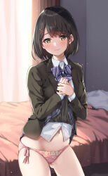 Rule 34 | 1girl, absurdres, bed, bed sheet, bedroom, black hair, black jacket, blanket, blue skirt, blush, closed mouth, clothes lift, collared shirt, curtains, hair ornament, hairclip, highres, indoors, jacket, lifted by self, long sleeves, looking at viewer, navel, non-web source, original, panties, pink panties, plaid, plaid skirt, pleated skirt, school uniform, shirt, short hair, side-tie panties, skirt, skirt lift, smile, solo, standing, unasaka ryou, underwear, white shirt, yellow eyes