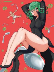Rule 34 | 1boy, 1girl, arms behind head, arms up, ass, black dress, breasts, dress, floating, full body, green eyes, green hair, highres, legs together, long sleeves, looking at viewer, no panties, one-punch man, red background, saitama (one-punch man), short hair, small breasts, tatsumaki, zero momentai