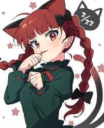 Rule 34 | 1girl, absurdres, animal ears, blush, braid, cat day, cat ears, cat tail, dated, dress, extra ears, fang, fingernails, green dress, highres, kaenbyou rin, long hair, long sleeves, miz (mizillustration), multiple tails, red eyes, red hair, smile, solo, star (symbol), starry background, tail, tongue, tongue out, touhou, twin braids, two tails, upper body, white background