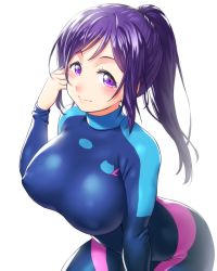 Rule 34 | 10s, 1girl, blush, bodysuit, breasts, covered erect nipples, diving suit, hand in own hair, highres, huge breasts, leaning forward, long hair, looking at viewer, love live!, love live! school idol festival, love live! sunshine!!, matsuura kanan, onsoku inu, ponytail, purple eyes, purple hair, scuba, simple background, skin tight, smile, solo, swimsuit, wetsuit, white background