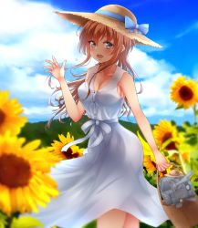 Rule 34 | 1girl, alternate costume, blue ribbon, blue sky, blush, breasts, chou-10cm-hou-chan, cloud, day, dress, floral background, gradient background, grey eyes, hair down, hat, hat ribbon, highres, kantai collection, large breasts, light brown hair, long dress, long hair, looking at viewer, nuka (nvkka), open mouth, ribbon, sky, smile, solo, straw hat, teruzuki (kancolle), white dress