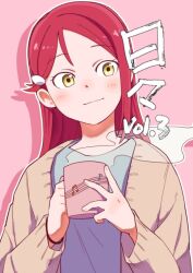 Rule 34 | 1girl, blue shirt, blush, brown cardigan, cardigan, closed mouth, cover, cover page, cup, dracham, holding, holding cup, long hair, long sleeves, looking to the side, love live!, love live! sunshine!!, musical note, open cardigan, open clothes, pink background, red hair, sakurauchi riko, shirt, solo, steam, translation request, upper body, yellow eyes