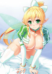 Rule 34 | 10s, 1girl, all fours, blonde hair, blush, braid, breasts, cleavage, elf, fairy, fairy wings, green eyes, kawase seiki, large breasts, leafa, long ears, long hair, looking at viewer, nipples, no bra, no panties, no shoes, pointy ears, ponytail, shiny skin, side braid, smile, solo, sword art online, thighhighs, twin braids, very long hair, white thighhighs, wings
