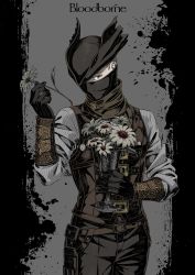 Rule 34 | 1boy, absurdres, belt, black background, black gloves, black hat, bloodborne, brown belt, brown pants, brown scarf, commentary request, cowboy shot, flower, gloves, grey background, grey flower, grey shirt, hand up, hat, highres, holding, holding flower, hunter (bloodborne), kamezaemon, long sleeves, looking at viewer, male focus, mask, mouth mask, pants, scarf, shirt, solo, striped clothes, striped shirt, tricorne