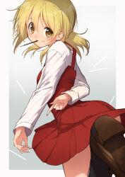 Rule 34 | 1girl, absurdres, black socks, blonde hair, blush, breasts, brown eyes, dress, food, food in mouth, framed, hidamari sketch, highres, kootee-on, looking at viewer, miyako (hidamari sketch), one leg raised, pinafore dress, pocky, pocky in mouth, red skirt, shoes, short hair, skirt, sleeveless dress, small breasts, socks, solo, twintails, yamabuki high school uniform