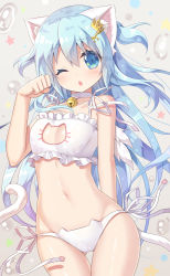Rule 34 | 1girl, ;o, animal ears, bell, blue eyes, blue hair, blush, bra, breasts, cat cutout, cat ear panties, cat ears, cat lingerie, cat tail, chestnut mouth, choker, cleavage cutout, clothing cutout, gluteal fold, hair ornament, hairclip, jingle bell, long hair, looking at viewer, matching hair/eyes, meme attire, mint (mitsuki), mint (yano mitsuki), mitsuki, navel, neck bell, one eye closed, original, panties, paw pose, side-tie panties, small breasts, solo, tail, thigh gap, two side up, underwear, underwear only, white bra, white panties, yano mitsuki (nanairo)
